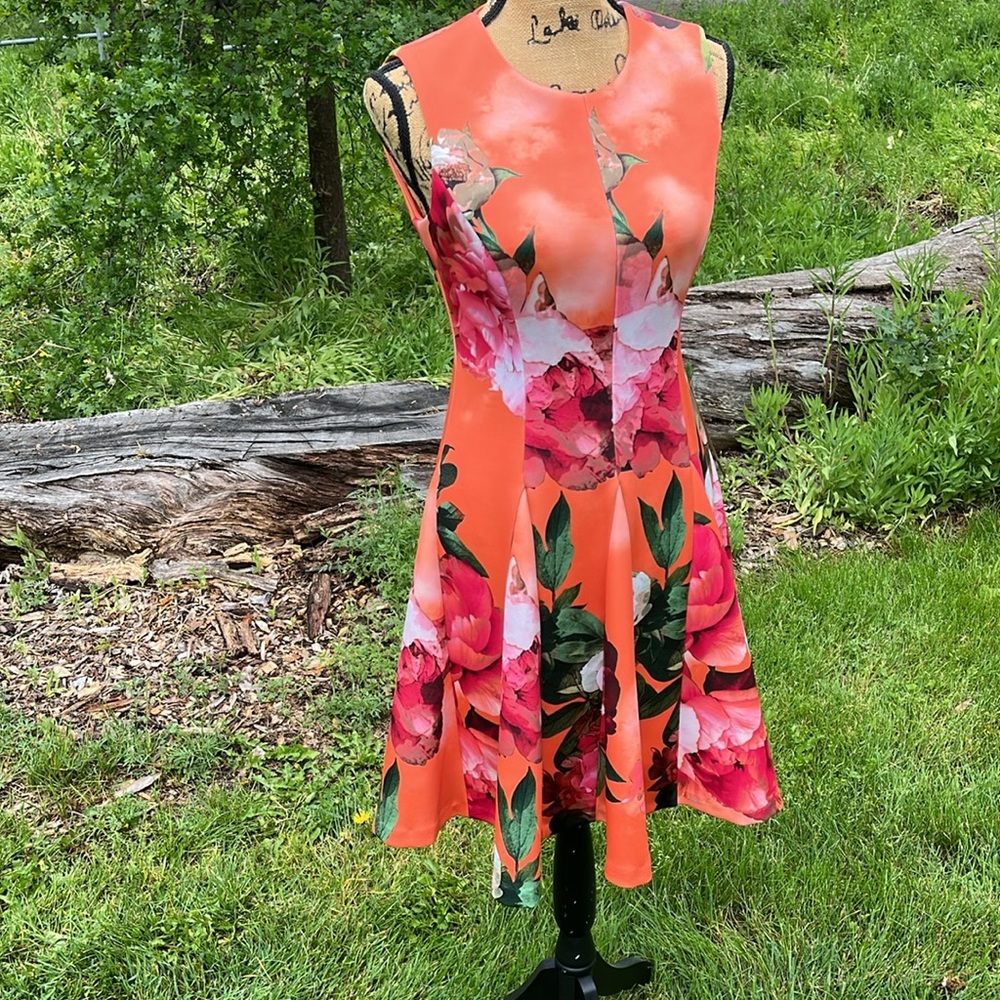 Calvin Klein Floral Orange Sleeveless Dress; 4